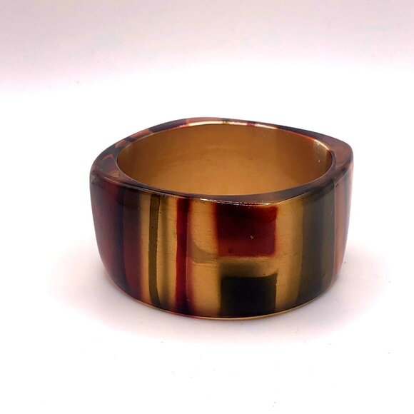 Chunky Striped Lucite Style Square Bangle Bracelet Amber Gold Burgundy Green - Picture 14 of 14